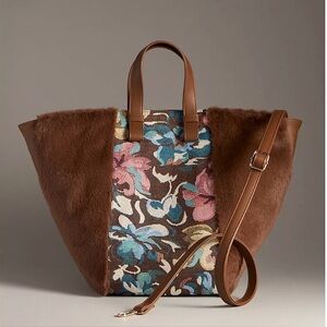 Anthropologie Faux Fur Floral Tapestry Tote Bag